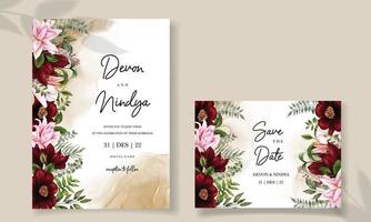 mooie huwelijksuitnodigingskaart met bordeauxrode bloemdecoratie vector