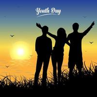 gelukkig internationaal jeugddagontwerp met silhouet van tiener. internationale jeugddag sjabloon met zonsondergang achtergrond. vector