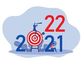 zakenman op zoek naar verrekijker op doelbord voor plan op 2022 jaar. leiderschap concept platte cartoon karakter vectorillustratie vector