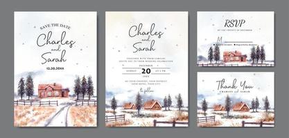 aquarel bruiloft uitnodiging set van winterlandschap met huis en pijnbomen vector