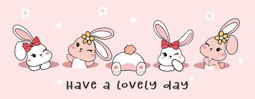groep schattige, gelukkige witte baby-konijntjeskonijnen in het gat, een fijne dag, cartoontekening omtrekbanner vector