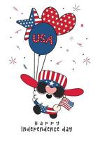 schattig gelukkig amerika kabouter vieren onafhankelijkheidsdag met natie ballonnen en usa vlag, leuke leuke cartoon tekening vector banner.