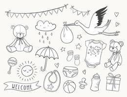 baby shower hand getekende set. nieuwe baby-items en pictogrammen. schattige doodle illustraties waaronder teddybeer, babykleding, slabbetje, fles, wolk, bunting banners, luier, ooievaar. vector