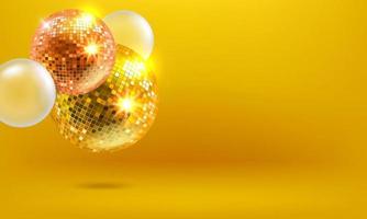 gloeiende discoballen en bollen op gele achtergrond. vector 3d bsnner met kopie ruimte