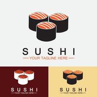 sushi logo template.vector pictogram stijl illustratie bar of winkel, sushi, zalm roll, sushi en broodjes met eetstokje bar of restaurant vector logo sjabloon