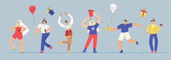 mensen vieren. gelukkig feest, vrolijke vrouwen en mannen vieren samen met ballonnen en confetti. dans viering partij geïsoleerde illustratie. verjaardag, feestelijke gebeurtenis vector