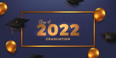 klasse 2022 afstudeerfeestviering met afstudeerpet en gouden ballondecoratie met blauwe achtergrond vector