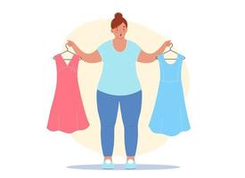 vrouw met overgewicht raakt van streek vanwege de extra kilo's. ze houdt haar oude jurken in haar handen, die passen niet meer, ze zijn te klein voor haar vector