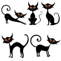 set van zwarte katten in verschillende poses met gloeiende ogen, vector geïsoleerd op een witte achtergrond, halloween