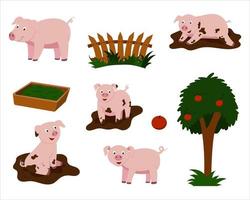 een set van vectorillustraties van schattige cartoon varkens. vector