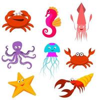 een set cartoon zeedieren. kwallen, inktvis, heremietkreeft, krab, zeepaardje, zeester, octopus vector