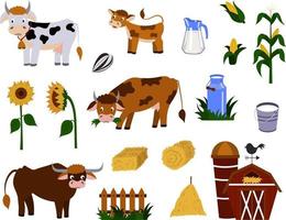 een set boerderijdieren en objecten, een vectorfamilie van koeien. geïsoleerd op een witte achtergrond. vector