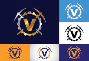 eerste v-monogrambriefalfabet met houweel en toestelteken. mijnbouw logo ontwerpconcept. modern vectorlogo voor mijnbouwbedrijf en bedrijfsidentiteit. vector