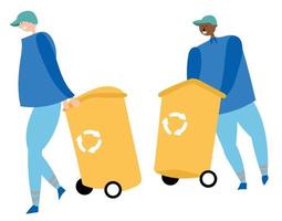 werknemers verzamelen afval en dragen containers voor recycling. afvalvermindering vector
