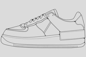 schoenen sneaker schets tekening vector, sneakers getekend in een schets stijl, zwarte lijn sneaker trainers sjabloon omtrek, vector illustratie.