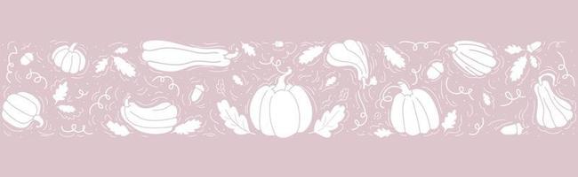 horizontale pompoenrand. schattige handgetekende witte pompoenen, herfstbladeren, groenten op een pastelachtergrond. platte vectorvoorraadillustratie met overzicht voor Thanksgiving Day. vector