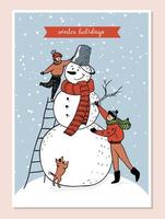 gezinsbouw van een enorme schattige sneeuwpop. vader en zoon op de trap maken samen met de hond een sneeuwpop met een emmer op zijn hoofd en een rode sjaal. vectorvoorraadillustratie in blauwe en rode kleuren. vector