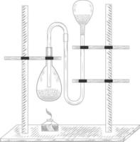 schets van een natuurkundig of chemisch laboratoriumexperiment en apparatuur. vector farmaceutische glazen kolven, bekers en reageerbuizen in oude graveerstijl.