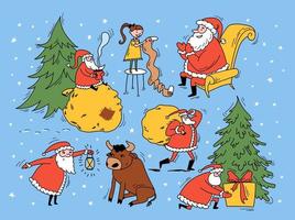 Kerstman doodle set met verhalen. kersttaferelen met een stier, een boom, cadeautjes en een meisje dat haar wensen aan de kerstman voorleest. kleurrijke reeks nieuwe jaargroeten. vector voorraad illustratie.
