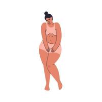 verlegen cartoon plus size meisje in lingerie. een jonge vrouw staat in roze ondergoed en sluit zich. vrouwelijke mollige figuur geïsoleerd. vector voorraad illustratie geïsoleerd op een witte achtergrond.