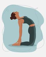 yoga illustratie, een meisje in een trainingspak in een yoga pose op een abstracte achtergrond, smaragdgroene pastelkleuren. concept voor logo, poster. vector