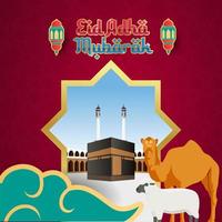 ontwerp vectorillustratie eid adha mubarak met ka'bah achtergrond compleet met lantaarn ornament en animal vector