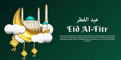 realistische eid al fitr mubarak met illustratie moskee op halve maan en hangende ketupat vector