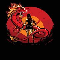 vectorillustratie van vrouwelijke zwaardvechter geconfronteerd met een draak