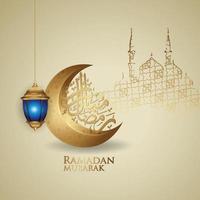 luxe design ramadan kareem met arabische kalligrafie, halve maan, traditionele lantaarn en moskee patroon textuur islamitische achtergrond. vectorillustratie. vector
