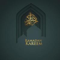 luxe en elegant ontwerp ramadan kareem met arabische kalligrafie, traditionele lantaarn en gradatie kleurrijke poortmoskee voor islamitische groet vector