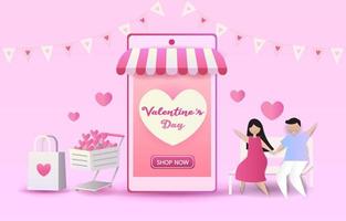 koppels geven elkaar cadeaus en kopen een cadeau voor de geliefde op Valentijnsdag. mannen dragen boodschappentassen voor vrouwen. vrouwen blij om een geschenk te ontvangen van een lover.vector illustratie ontwerp voor banner, website vector