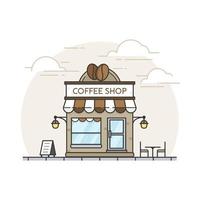 coffeeshop. vlakke stijl coffeeshop gebouw met achtergrond van silhouet stad. coffeeshop winkel gebouw in plat ontwerp. koffiepauze winkel illustratie vector