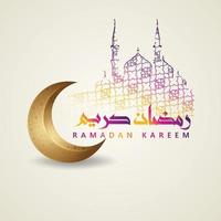 luxe en elegant ontwerp ramadan kareem met arabische kalligrafie, traditionele lantaarn en gradatie kleurrijke poortmoskee voor islamitische groet vector