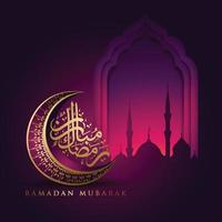 luxe en elegant ontwerp ramadan kareem met arabische kalligrafie, traditionele lantaarn en gradatie kleurrijke poortmoskee voor islamitische groet vector
