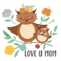 vector moederdagkaart met schattig boho dier. pre-made ontwerp met bos baby vogel met moeder. Boheemse stijl poster met uil familie en bloemen op witte achtergrond.