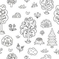 vector zwart-wit naadloze patroon met tuin of bos bomen, planten, struiken, struiken, bloemen. schets lente bos of boerderij herhalende achtergrond. natuurlijk groen digitaal papier