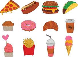set van kleurrijke afhaalmaaltijden. hand getrokken vectorillustratie fastfood, hotdog, hamburger, pizza, donut, taco's, ijs, croissant, koffie, cupcake. ontwerpelementen in schetsstijl. vector