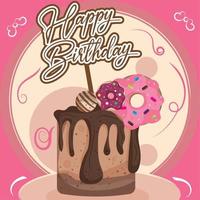 roze verjaardagskaart chocoladetaart met donuts vector