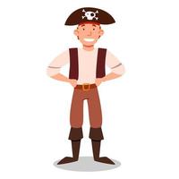 piratenkarakter in een pak, hoed, handen op de taille. vector illustratie