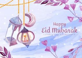 happy eid mubarak met lantaarn en blad aquarel concept vector