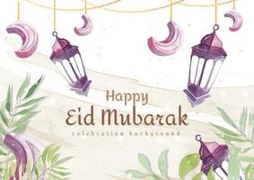 happy eid mubarak met lantaarn en blad aquarel concept vector