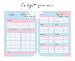 2 een set plannermemo's voor het bijhouden van uitgaven en budgettering. persoonlijke maand- en weekbudgetplanner in a4 formaat. financiën, inkomsten en uitgaven. klaar om te printen. vector