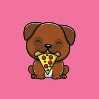 schattige pug dog eten pizza cartoon vectorillustratie pictogram. dierlijk voedsel pictogram concept geïsoleerde premium vector. platte cartoonstijl vector