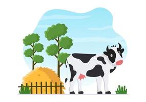 foto's van melkkoeien met uitzicht op een weide of een boerderij op het platteland om gras te eten in een vlakke illustratiestijl vector