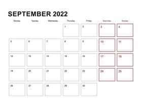 muurplanner voor september 2022 in het Engels, week begint op maandag. vector