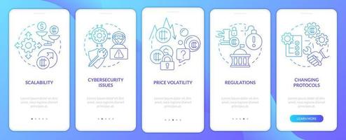 crypto-valuta nadelen blauwe gradiënt onboarding mobiele app-scherm. walkthrough 5 stappen grafische instructiepagina's met lineaire concepten. ui, ux, gui-sjabloon. talloze pro-bold, reguliere lettertypen gebruikt vector