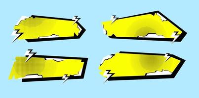 tags in komische stijl in verschillende gele en gestippelde rechthoekige vormen. platte vectorillustratie, stickervormen vector
