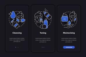 huidverzorgingsroutine stappen nachtmodus onboarding mobiele app-scherm. beauty walkthrough 3 stappen grafische instructiepagina's met lineaire concepten. ui, ux, gui-sjabloon. talloze pro-bold, reguliere lettertypen gebruikt vector
