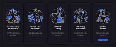 tekenen van uitgebalanceerd leven nachtmodus onboarding mobiele app-scherm. selfcare walkthrough 5 stappen grafische instructiepagina's met lineaire concepten. ui, ux, gui-sjabloon. talloze pro-bold, reguliere lettertypen gebruikt vector