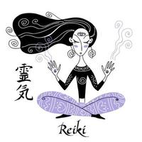 reiki genezing. een meisje in de lotushouding leidt een reikisessie. vector. vector